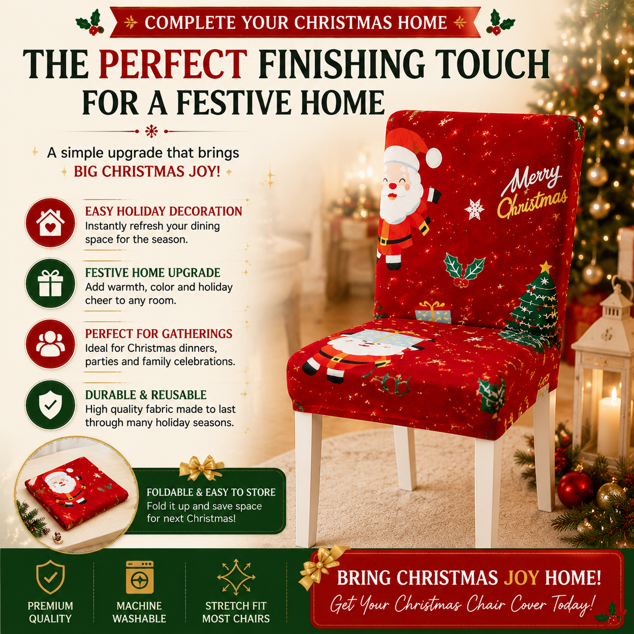 🎅 Christmas Chair Cover – Festive Santa Dining Chair Slipcover, Holiday Home Decor for Instant Christmas Makeover