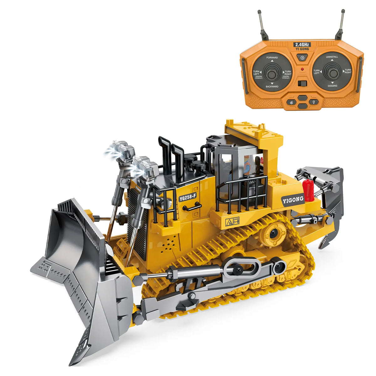 Akeleo RC bulldozer toy for kids with gray blade, yellow tracked body, lights, and sound