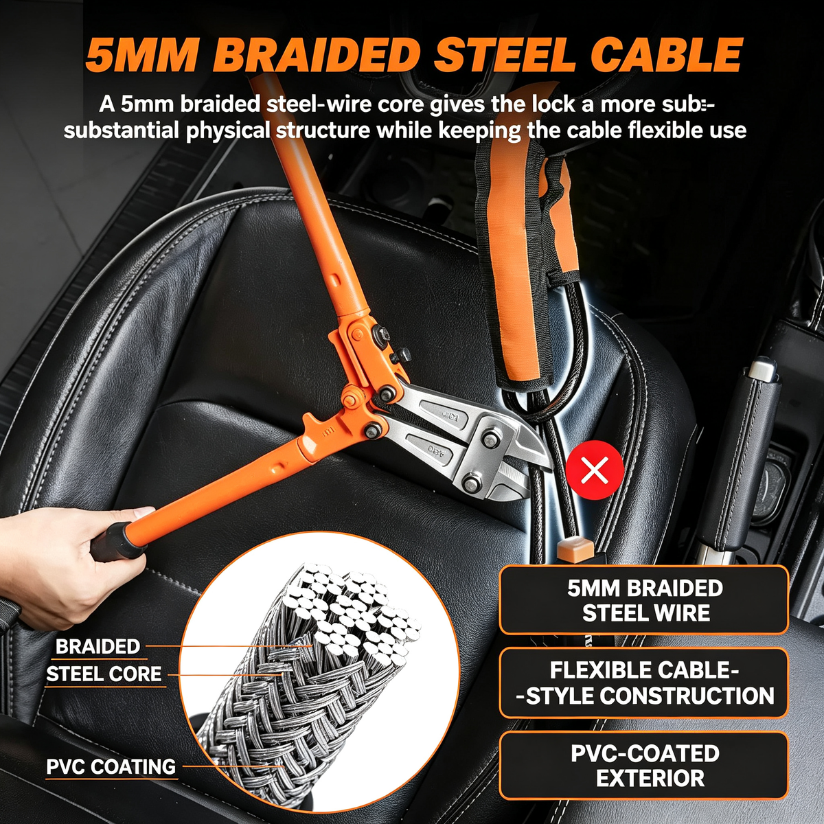 Heavy-Duty Steering Wheel Anti-Theft Cable Lock