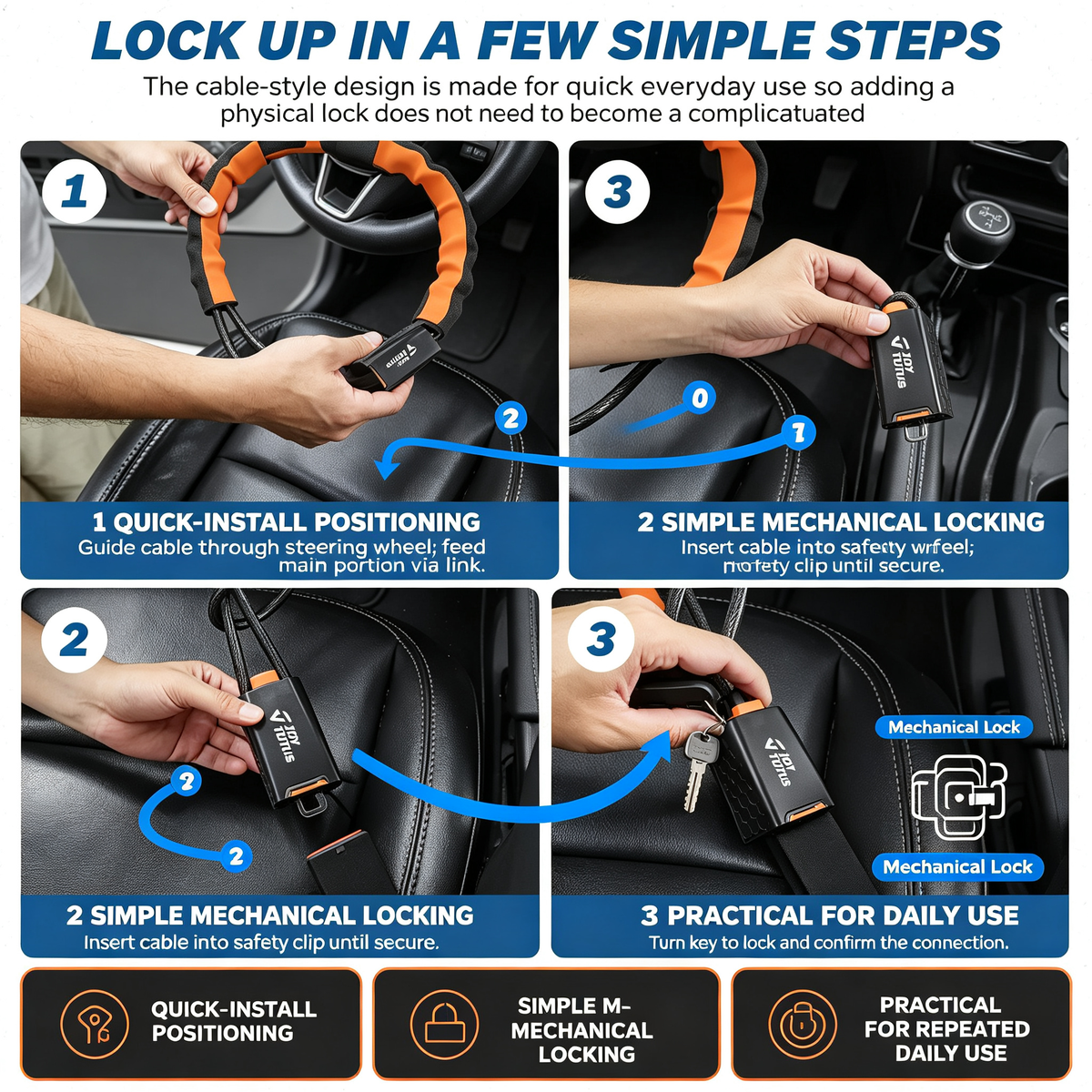 Heavy-Duty Steering Wheel Anti-Theft Cable Lock