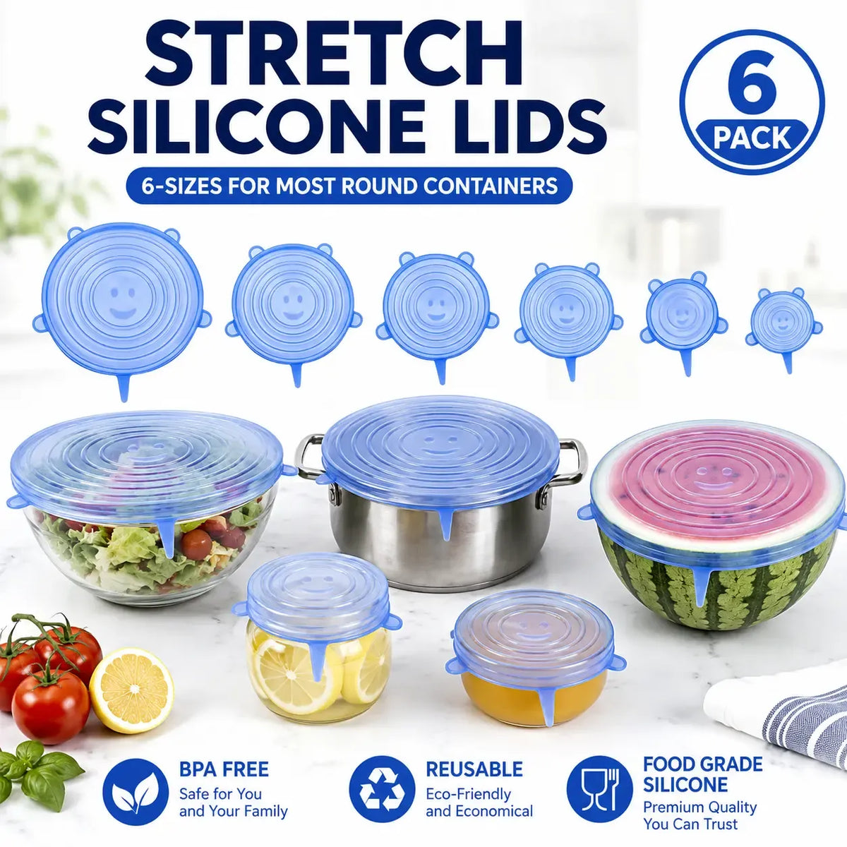 6 Pack Silicone Stretch Lids, Reusable Food Grade Silicone Container Cover