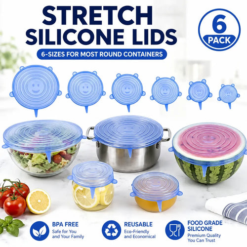 6 Pack Silicone Stretch Lids, Reusable Food Grade Silicone Container Cover