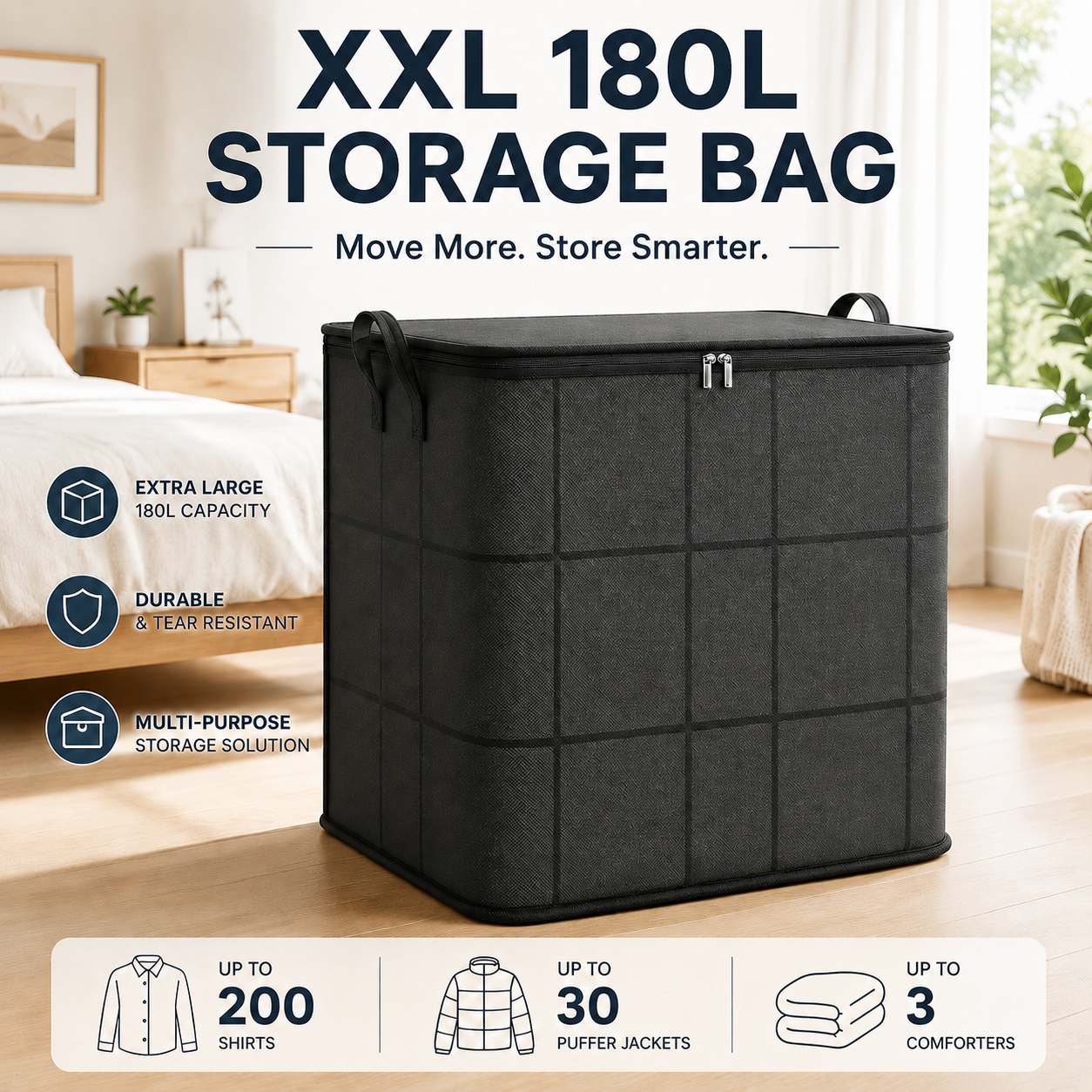 🔥 LAST DAY 50% OFF! 🏠 XXL 180L Storage Bag – Large Capacity Moving & Closet Organizer for Quilts, Bedding & Sweaters