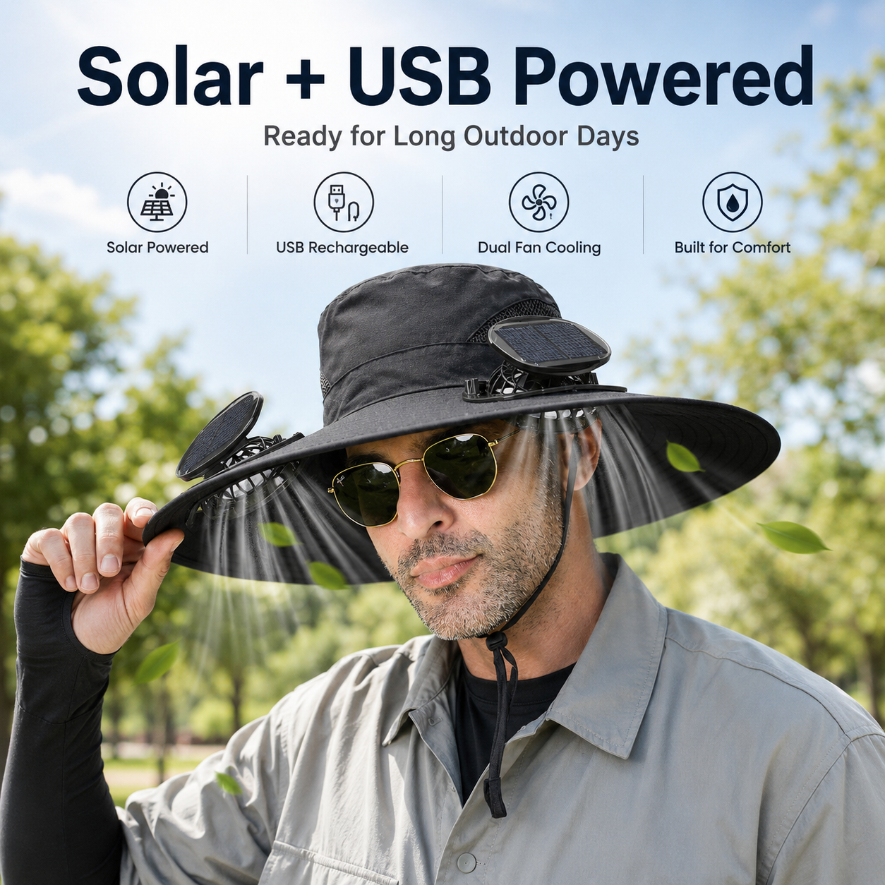 Double Solar Fan Fishing Hat – Unisex 3-Speed Cooling Brimmed Hat, USB Rechargeable, Lotus Leaf Waterproof, UPF Sun Protection for Outdoor Hiking Gardening Travel