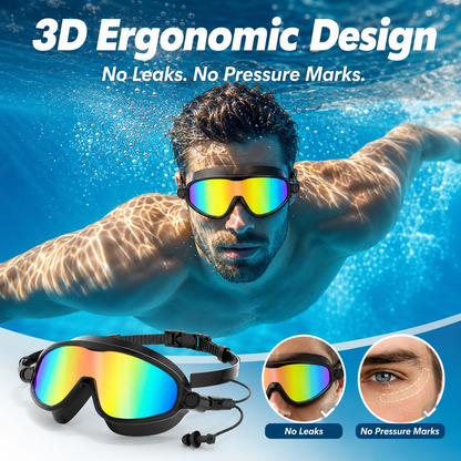 🏊Swim Goggles for Adults, Anti-Fog UV400 Protection No-Leak Wide Vision Swimming Goggles with Swim Cap, Adjustable Quick-Release Big Frame Eyewear for Men Women