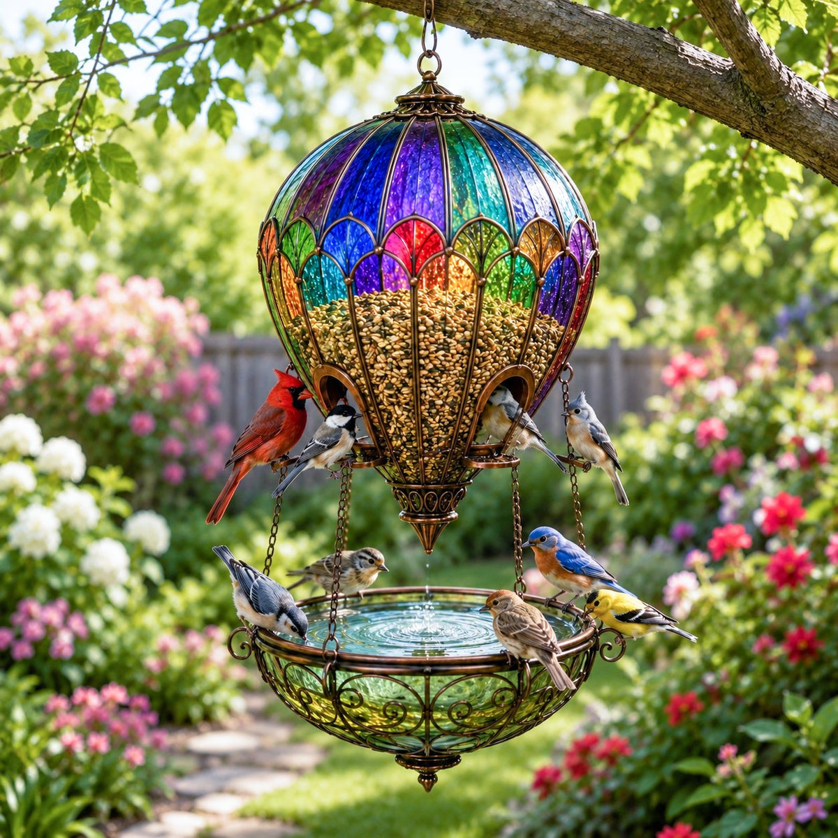 Hot Air Balloon Bird Feeder With Birds