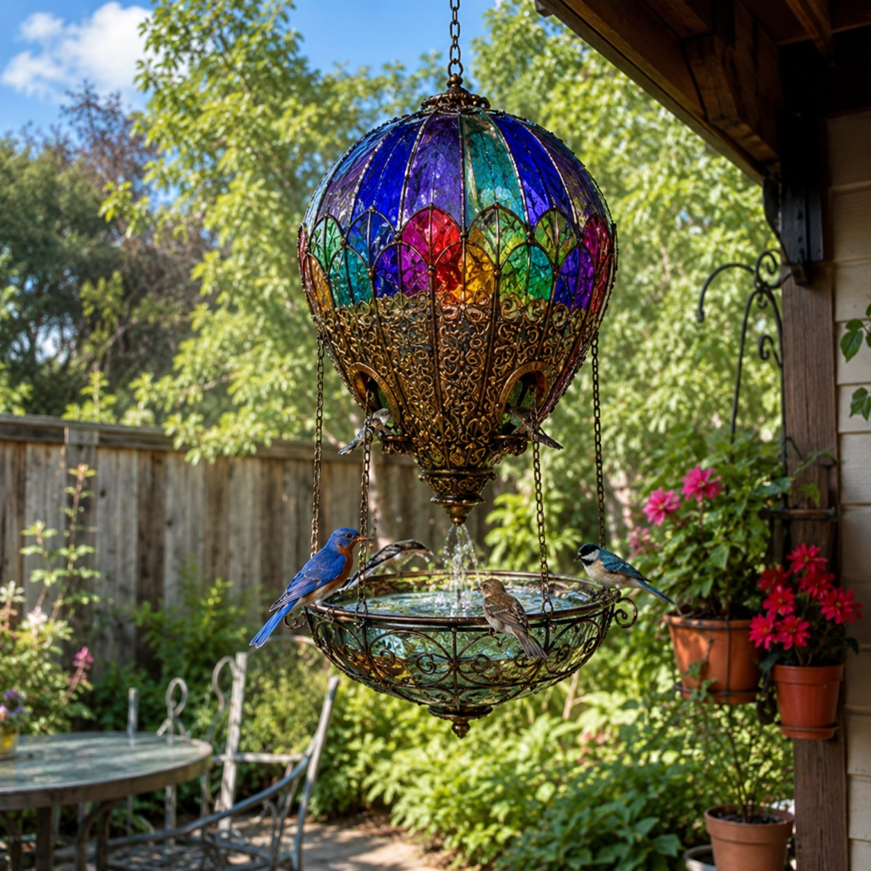 Stained Glass Hot Air Balloon Bird Feeder Fountain🐦