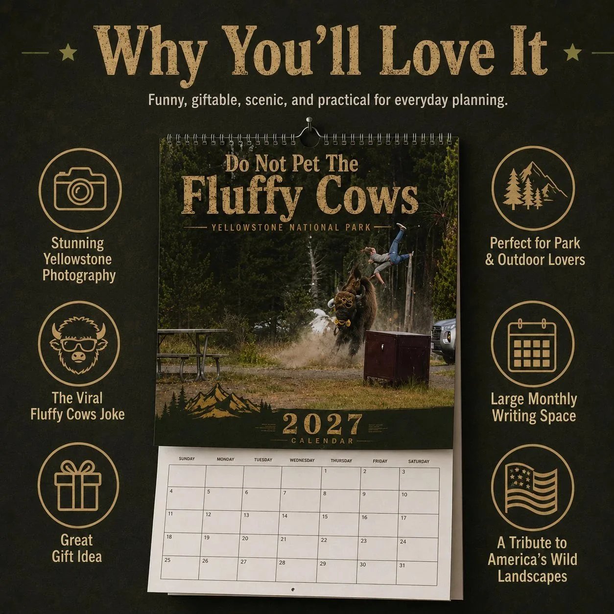 'Do Not Pet The Fluffy Cows' 🏞️ Bison Yellowstone National Park 2027 Wall Calendar
