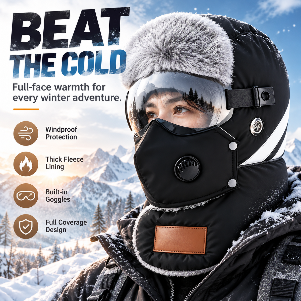 Unisex Outdoor Biking Hat with Goggles, Casual Style, Thick Inner Lining, Fleece Padding, Full Face Coverage, Warm Winter Sports & Outdoor Accessory