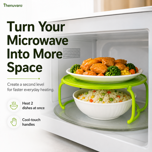 🍽️ Foldable Microwave Plate Stacker – 2-Level Heating Rack with Cool-Touch Handles for More Kitchen Space