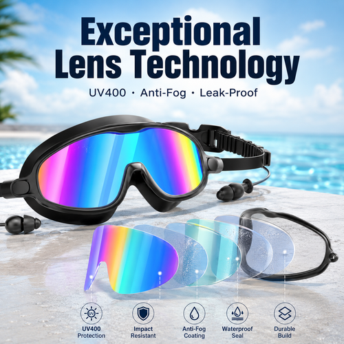 🏊Swim Goggles for Adults, Anti-Fog UV400 Protection No-Leak Wide Vision Swimming Goggles with Swim Cap, Adjustable Quick-Release Big Frame Eyewear for Men Women