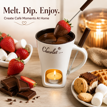 🍫 Cozy Ceramic Chocolate Fondue Mug Set – Candle Heated Dessert Cup With Fondue Fork