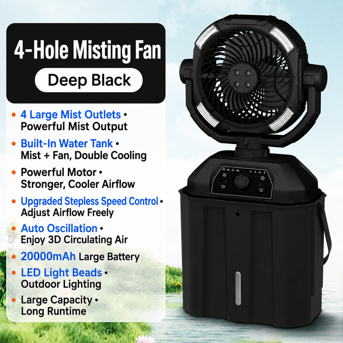❄️ 4-in-1 Rechargeable Misting Fan with LED Light & Emergency Power Bank