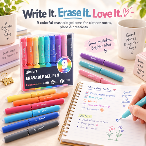 9-Color Erasable Gel Pens Set – Quick-Dry 0.6mm Pens with Built-In Eraser