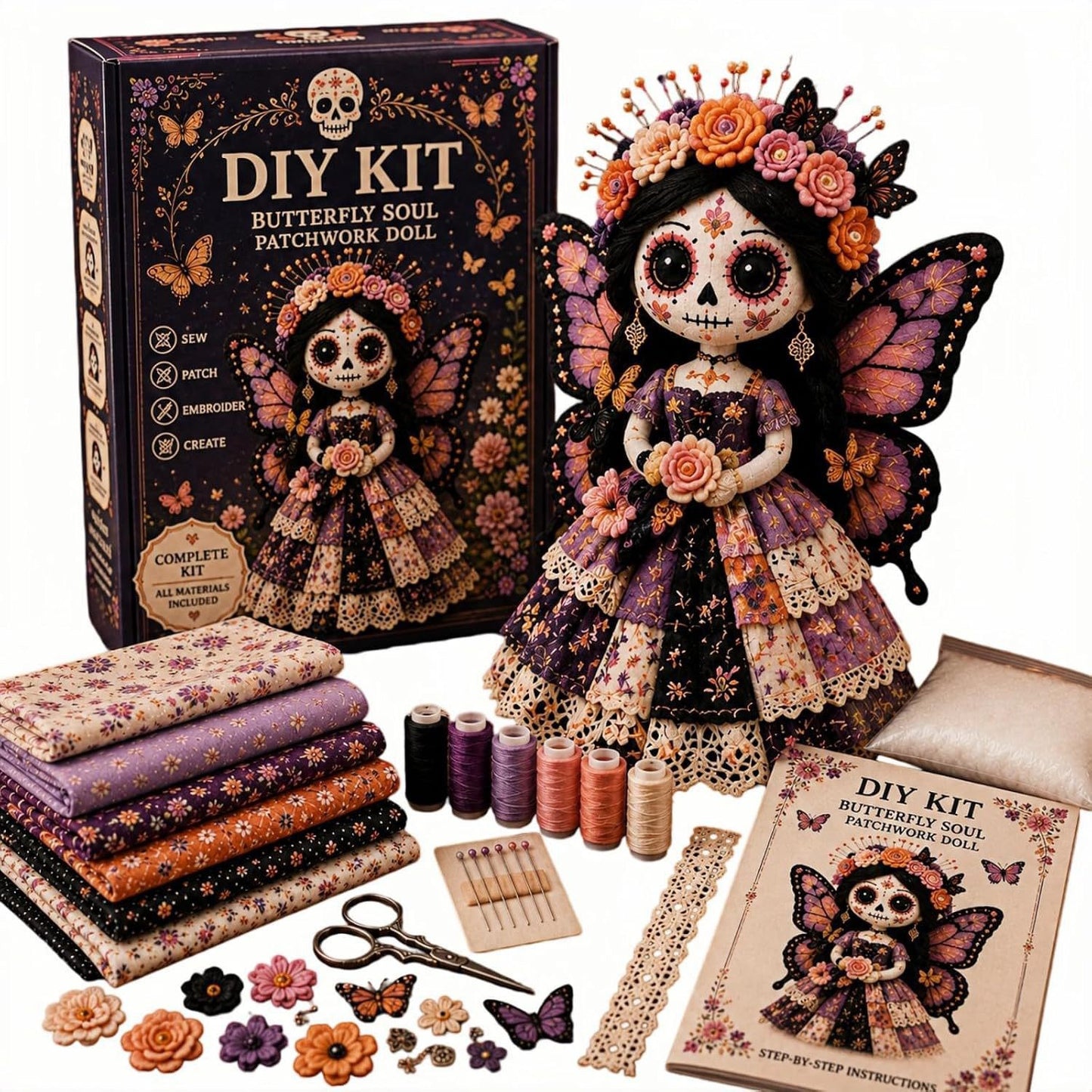 🌼 Day of the Dead-Inspired Skeleton Bride DIY Kit – Handmade Patchwork Doll