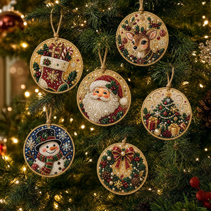 🎄 6-Piece DIY Diamond Painting Wooden Christmas Ornament Kit – Handmade Holiday Tree Decorations