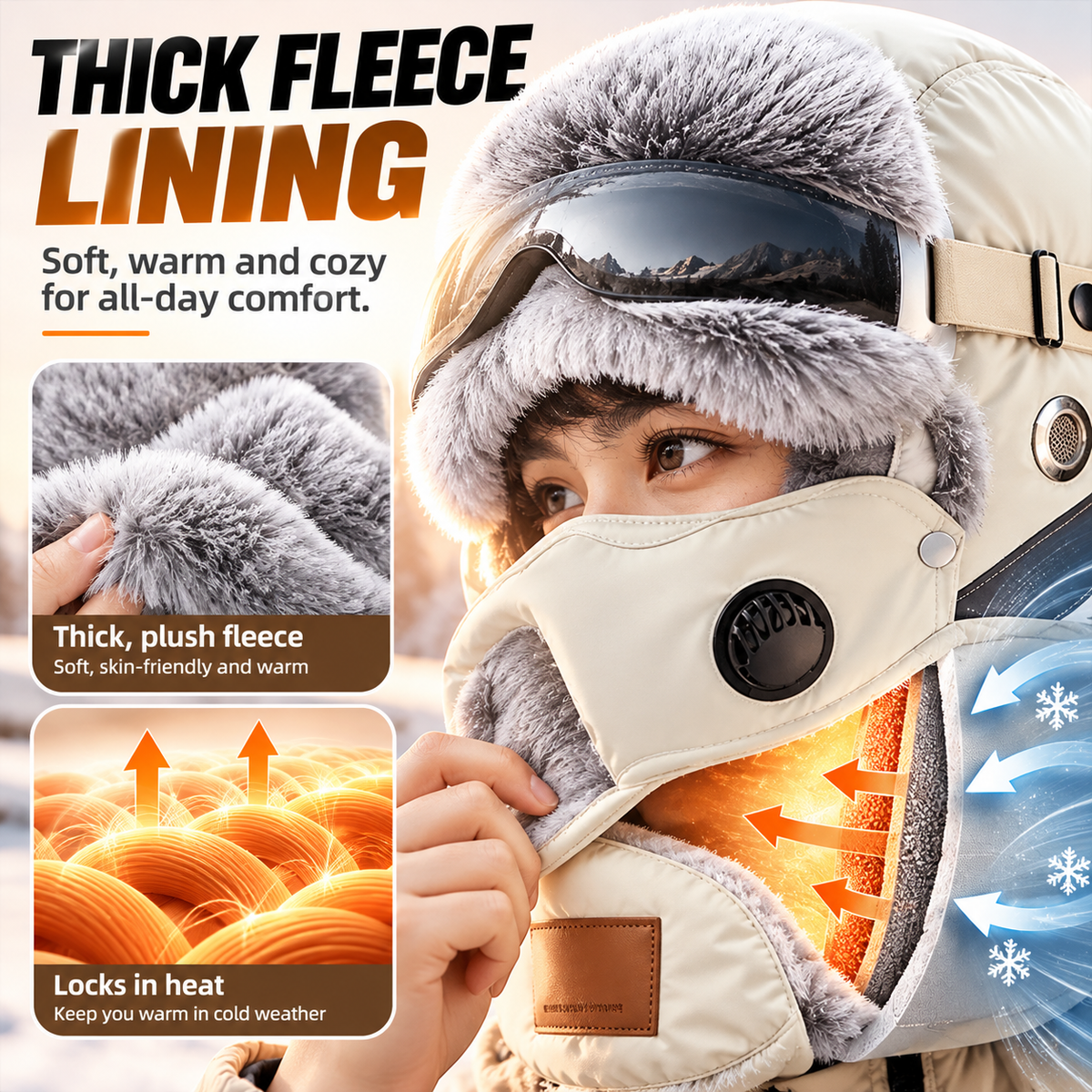 Unisex Outdoor Biking Hat with Goggles, Casual Style, Thick Inner Lining, Fleece Padding, Full Face Coverage, Warm Winter Sports & Outdoor Accessory