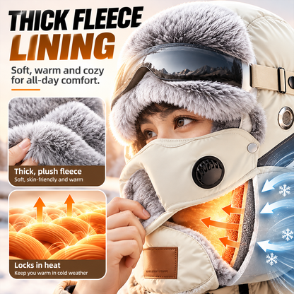Unisex Outdoor Biking Hat with Goggles, Casual Style, Thick Inner Lining, Fleece Padding, Full Face Coverage, Warm Winter Sports & Outdoor Accessory