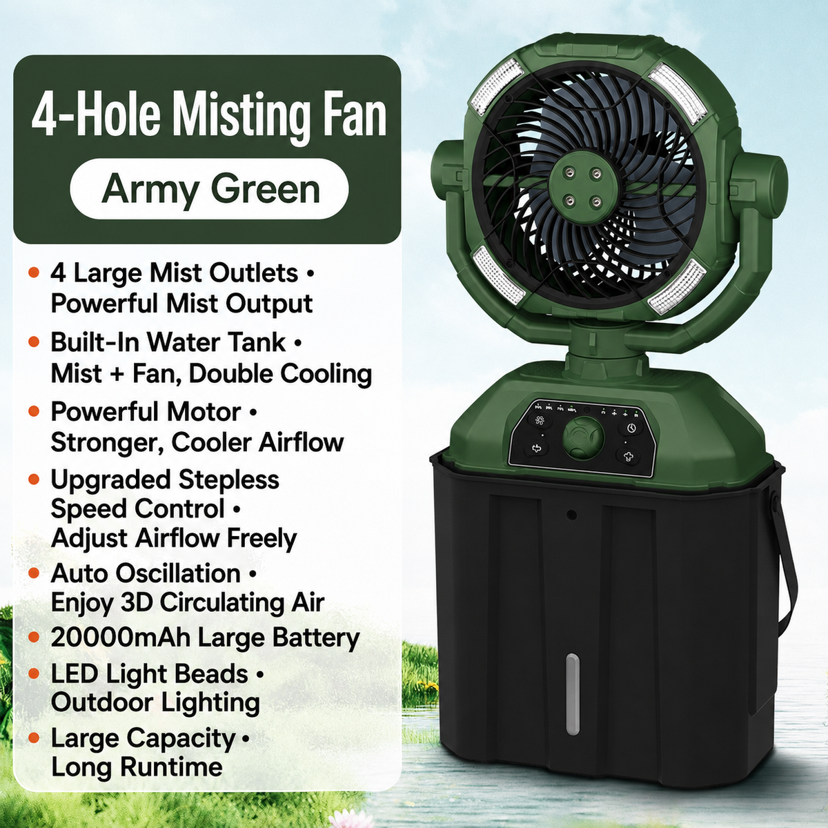 ❄️ 4-in-1 Rechargeable Misting Fan with LED Light & Emergency Power Bank