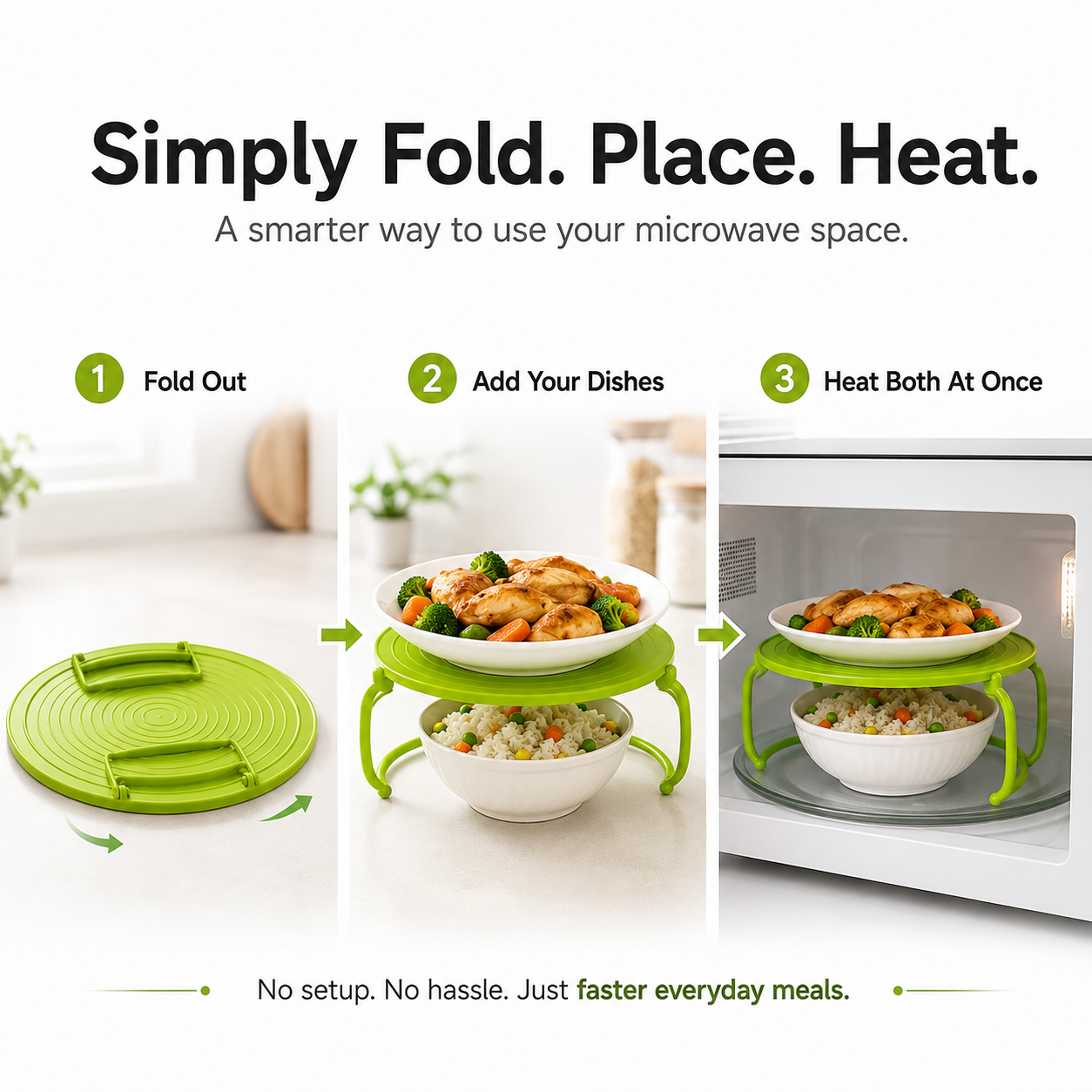🍽️ Foldable Microwave Plate Stacker – 2-Level Heating Rack with Cool-Touch Handles for More Kitchen Space