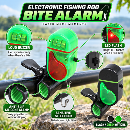 🎣 Electronic Fishing Rod Bite Alarm – High-Volume Buzzer, LED Flash & Adjustable Silicone Clamp