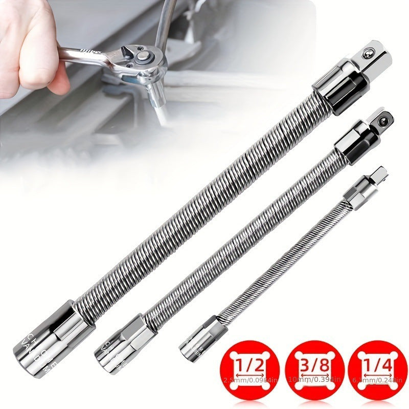 Flexible Socket Extension Set 3PCS – 1/4" 3/8" 1/2" CR-V Steel Bendable Wrench Adapter for Deep Engine & Car Repair