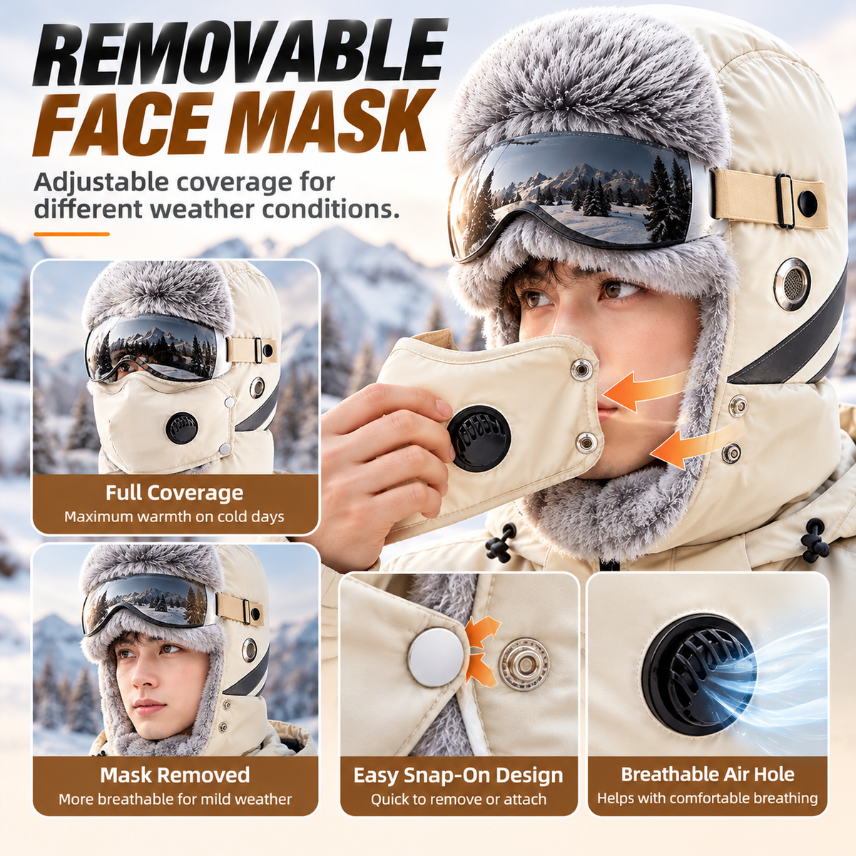 Unisex Outdoor Biking Hat with Goggles, Casual Style, Thick Inner Lining, Fleece Padding, Full Face Coverage, Warm Winter Sports & Outdoor Accessory