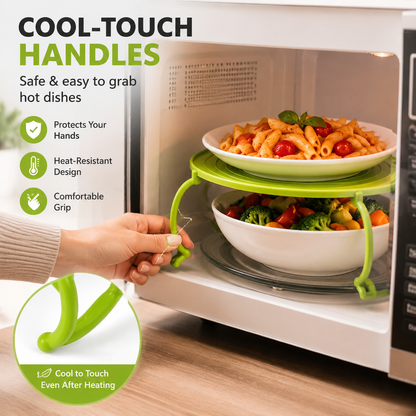 🍽️ Foldable Microwave Plate Stacker – 2-Level Heating Rack with Cool-Touch Handles for More Kitchen Space