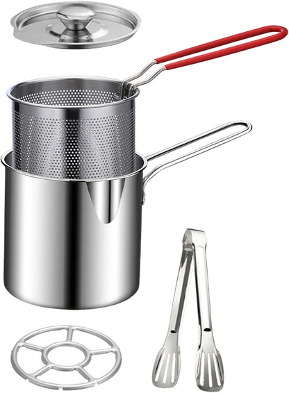 🍟 Personal Mini Deep Fryer Set – Stainless Steel Pot with Lift-Out Draining Basket & Food Tongs