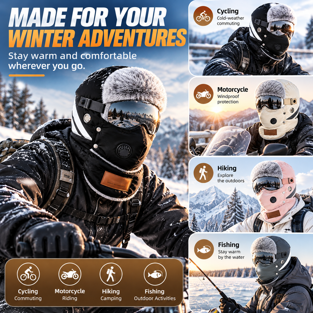Unisex Outdoor Biking Hat with Goggles, Casual Style, Thick Inner Lining, Fleece Padding, Full Face Coverage, Warm Winter Sports & Outdoor Accessory