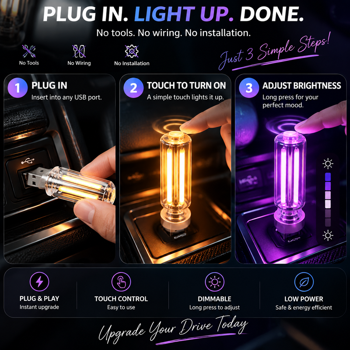 ✨ 3-Pack Car USB Ambient Night Lights – Touch Control LED Interior Upgrade