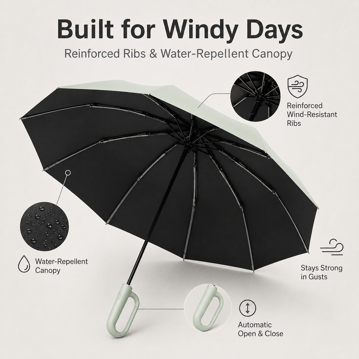 ☔ One-Touch Automatic Windproof Umbrella with Ring-Buckle Handle – Large 105CM Rain & Sun Coverage