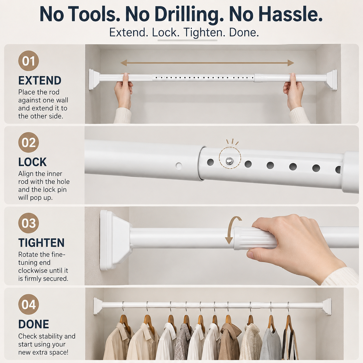 💪 Heavy-Duty No-Drill Tension Rod – Instant Extra Hanging Space