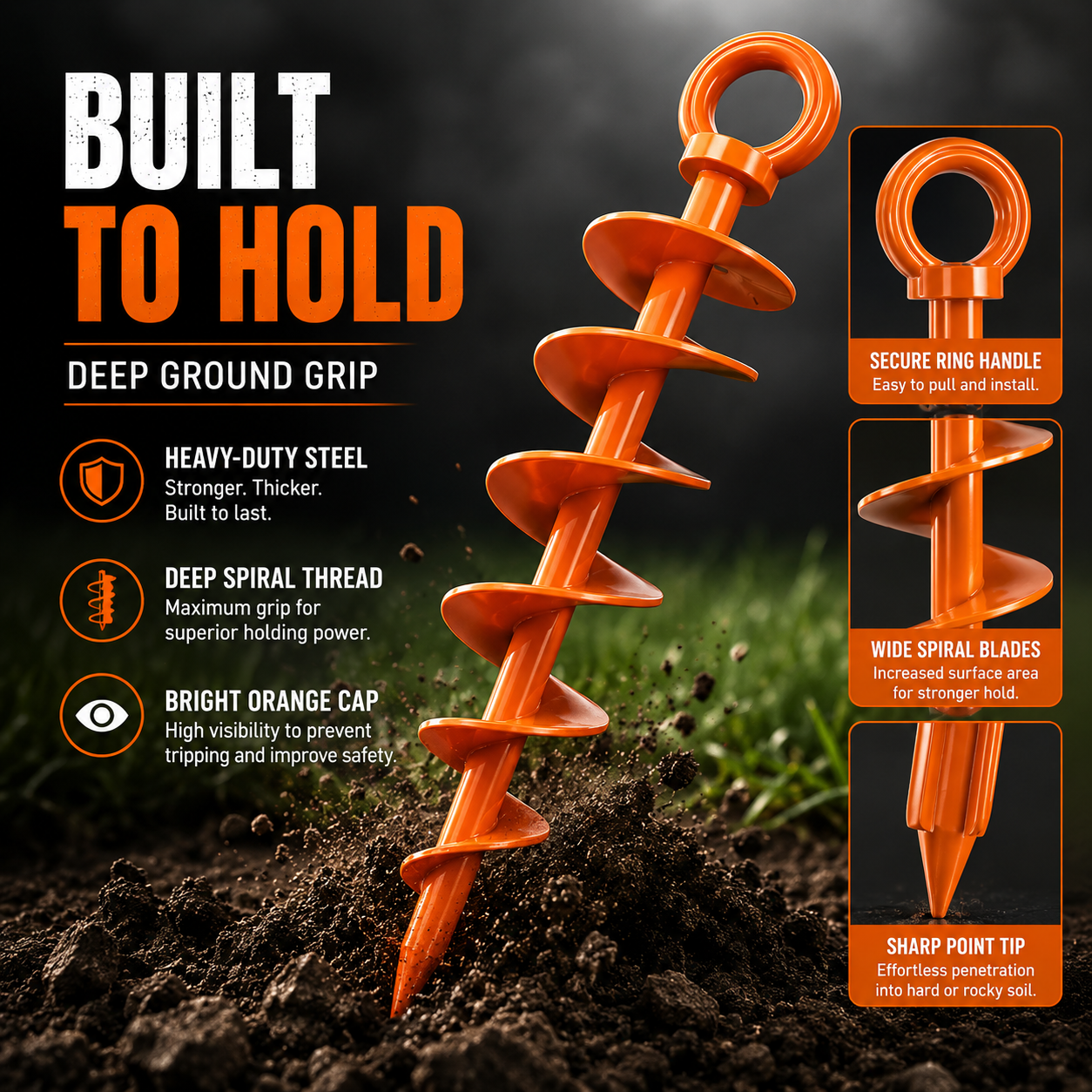 Ground Anchor Screw in Spiral Trampoline Anchors with Nut and Tool Swing Set Anchors Tent Stakes High Wind Heavy Duty for Sheds Carports Mobile Home Camping Tent Waterproof heavy-duty
