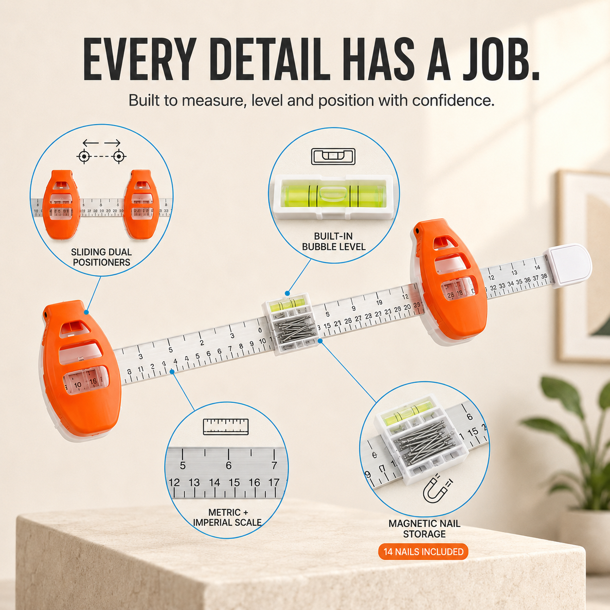 🖼️ All-in-One Picture Hanging Locator & Leveling Tool with Dual Nail Positioners + 14 Nails