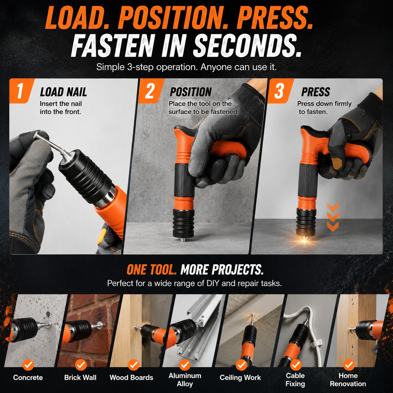 🔨 5-Level Manual Fastening Tool Kit – Cordless DIY Wall Fastener with 100 Nails