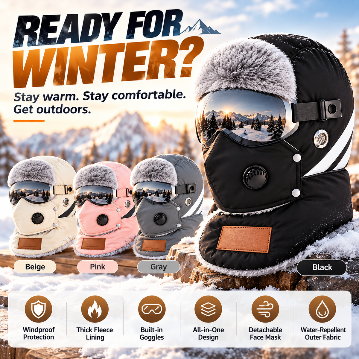 Unisex Outdoor Biking Hat with Goggles, Casual Style, Thick Inner Lining, Fleece Padding, Full Face Coverage, Warm Winter Sports & Outdoor Accessory