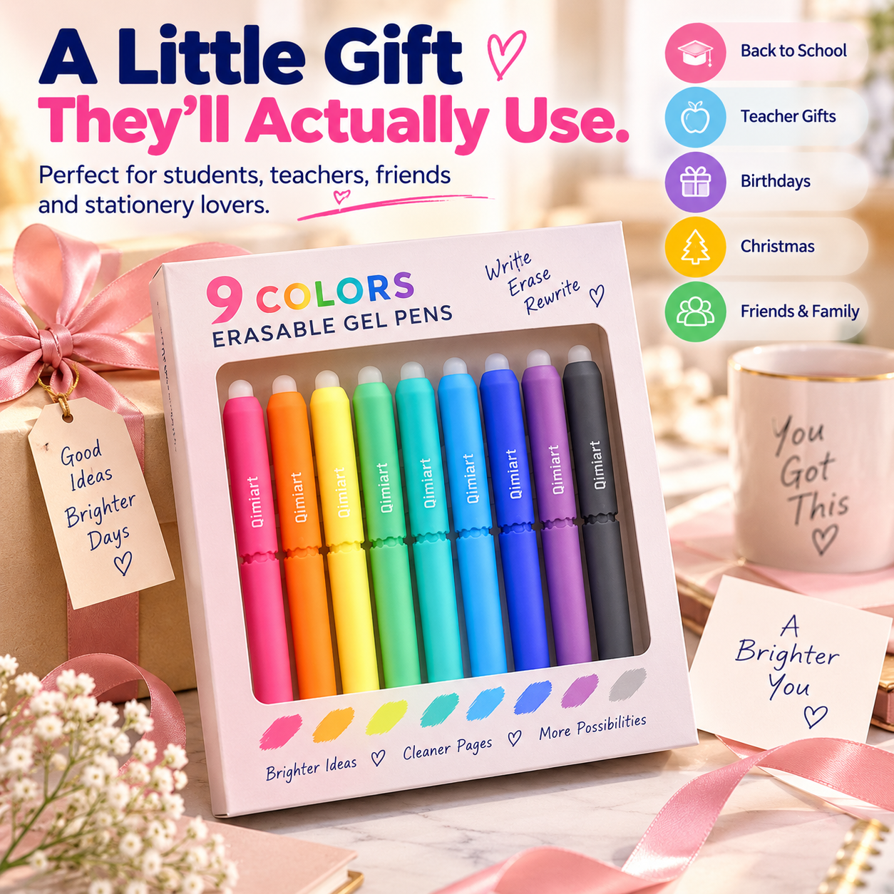 9-Color Erasable Gel Pens Set – Quick-Dry 0.6mm Pens with Built-In Eraser