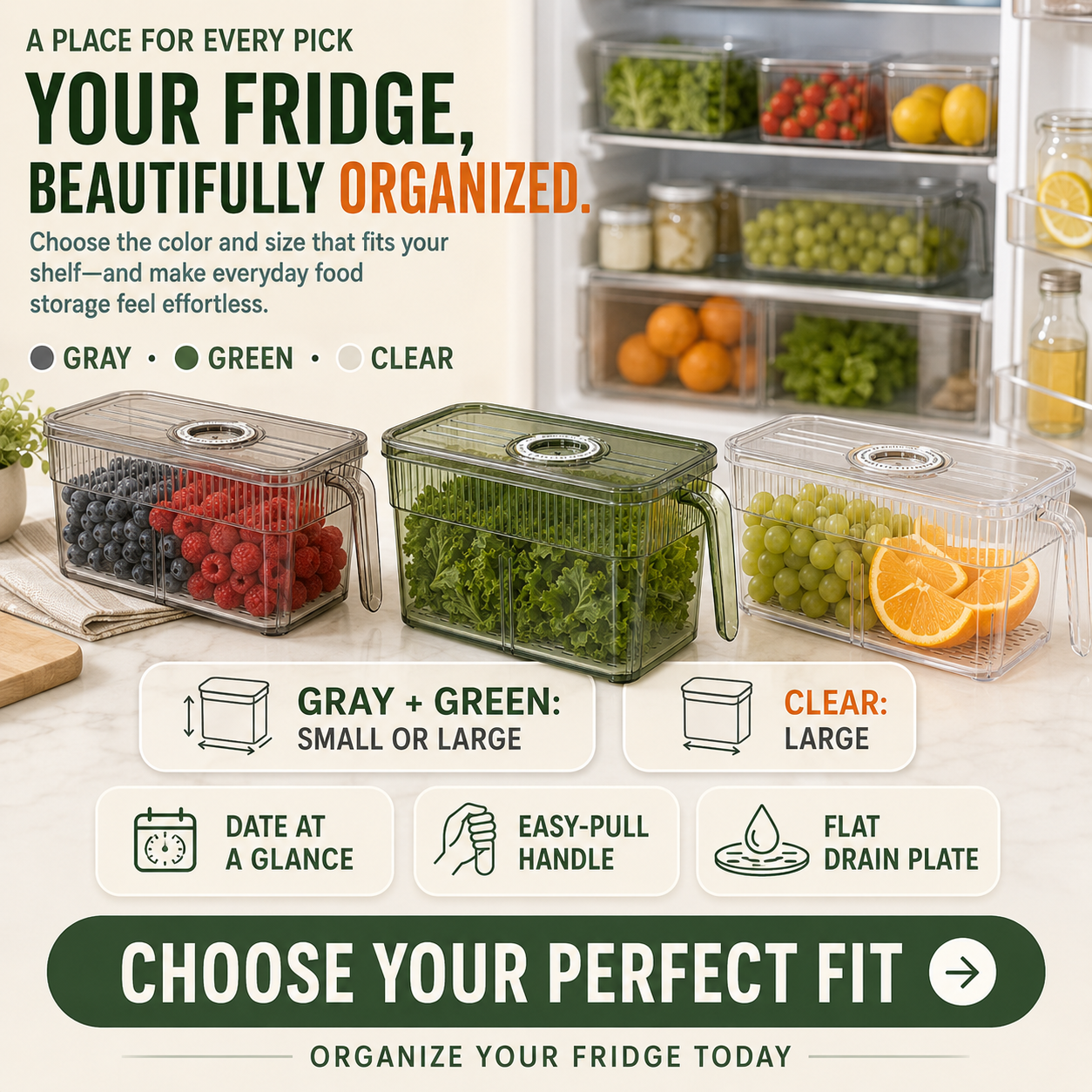 🥬 Stackable Refrigerator Produce Storage Box with Date Dial, Drain Basket & Easy-Pull Handle
