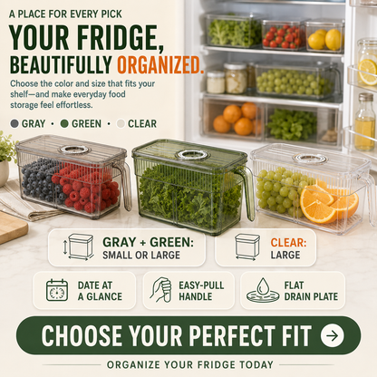 🥬 Stackable Refrigerator Produce Storage Box with Date Dial, Drain Basket & Easy-Pull Handle