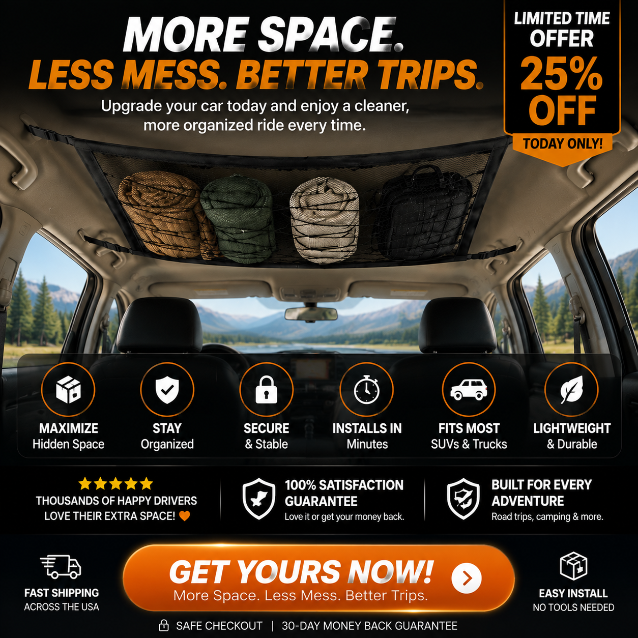 🚗 Car Ceiling Cargo Net | Hidden Roof Storage Organizer