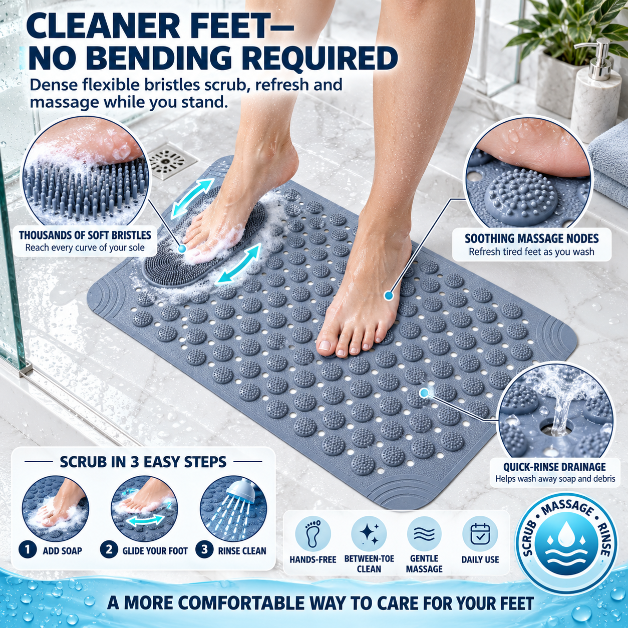 🚿3-in-1 Non-Slip Bath Mat with Foot Scrubber – Quick-Drain Massage & Cleaning Mat