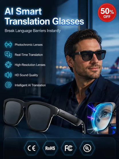 🕶️ AI Smart Translation Glasses – Real-Time Language Translator Glasses with Photochromic Lenses & HD Audio for Travel and Business