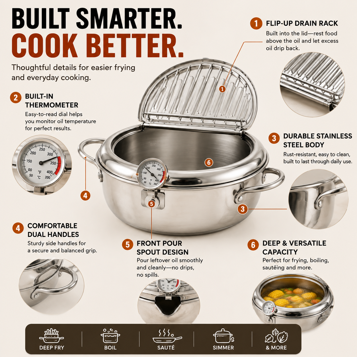 🍗 All-in-One Frying Pot with Thermometer & Drain Lid – Fry, Drain & Cook with Less Hassle