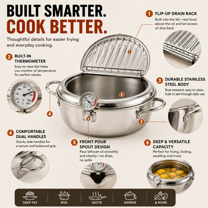 🍗 All-in-One Frying Pot with Thermometer & Drain Lid – Fry, Drain & Cook with Less Hassle