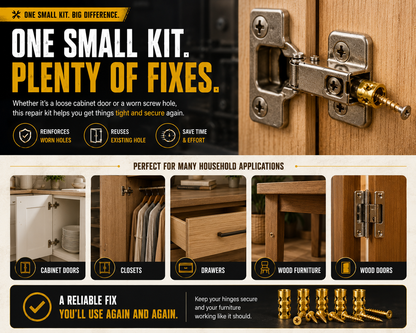 🔩 Stripped Screw Hole Repair Anchors  Restore loose cabinet hinges without moving or replacing them.