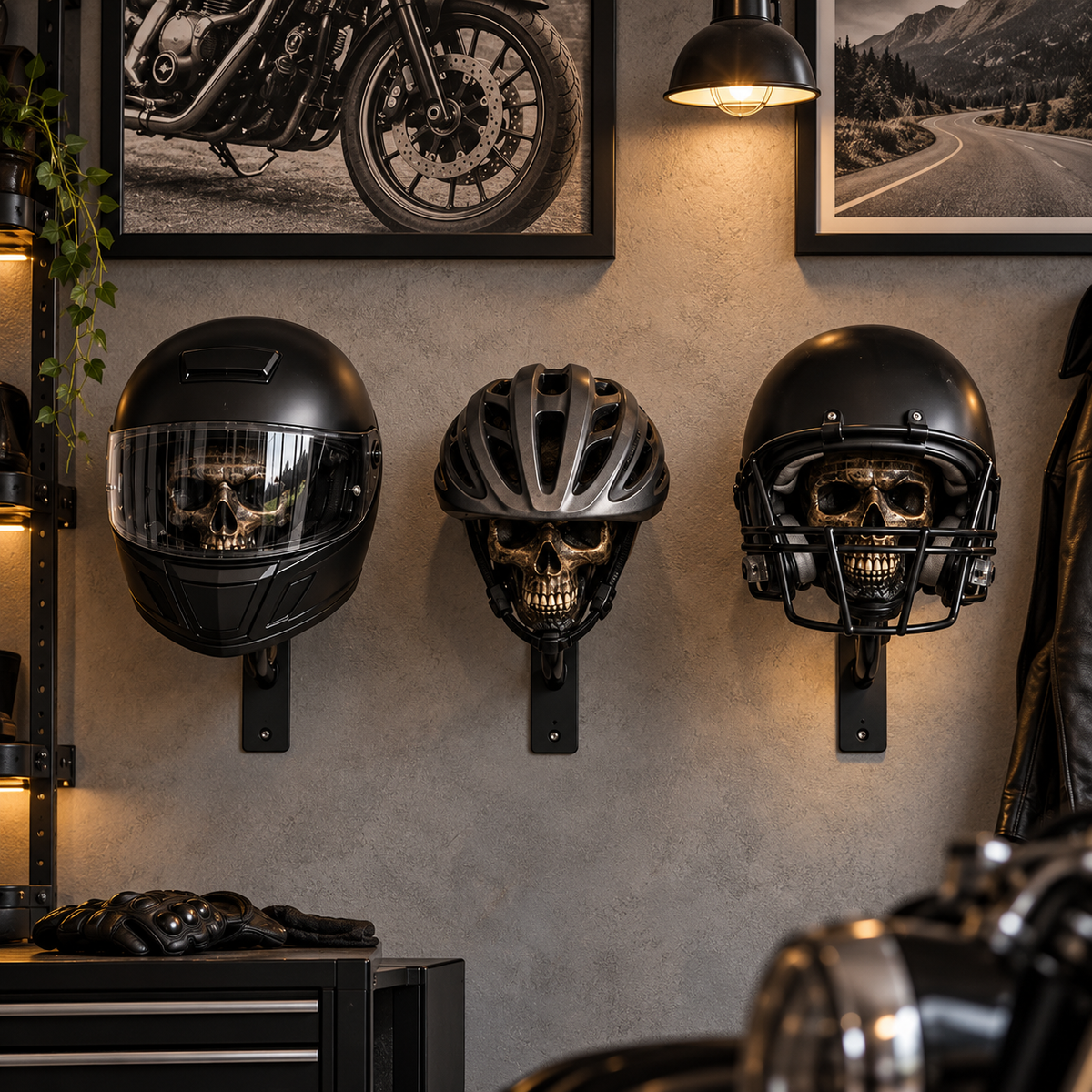 💀 Skull Helmet Wall Holder – Motorcycle Gear Display for Garage & Man Cave