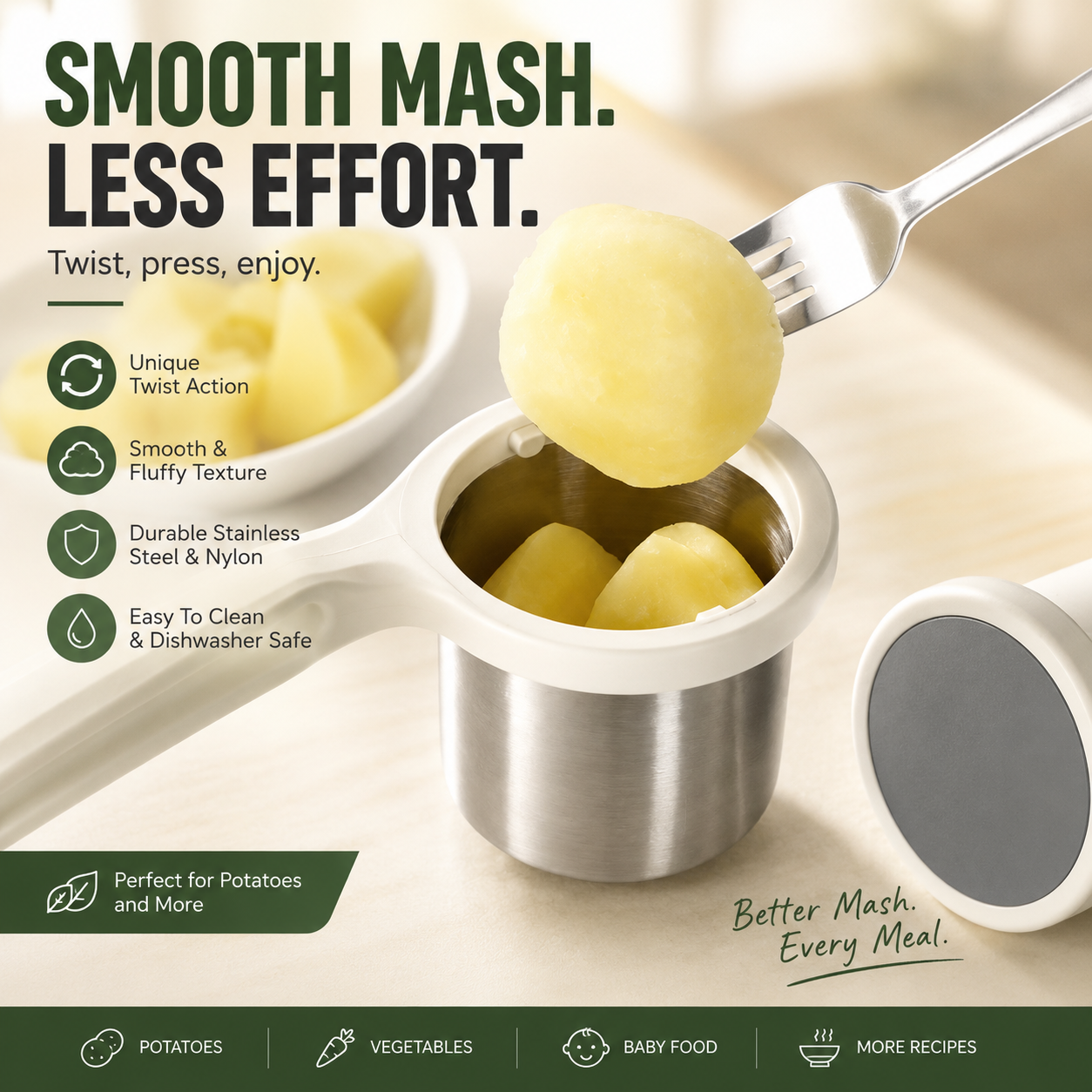 🥔 Twist-Action Stainless Steel Potato Ricer – Easy Fluffy Mash Maker