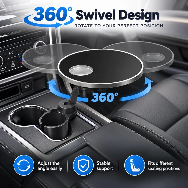 🚗 360° Swivel Car Cup Holder Tray – Adjustable Food & Drink Table