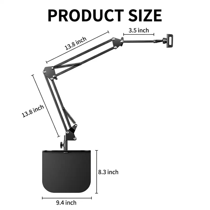 1 Count Bedside Tablet Stand with Metal Base, Universal Holder for Phone and iPad, Flexible Mechanical Arm Fits 4-12.9 Inch Devices, Clamp or Desktop Mount for Bed, Sofa, Kitchen Counter, 360° Rotatable